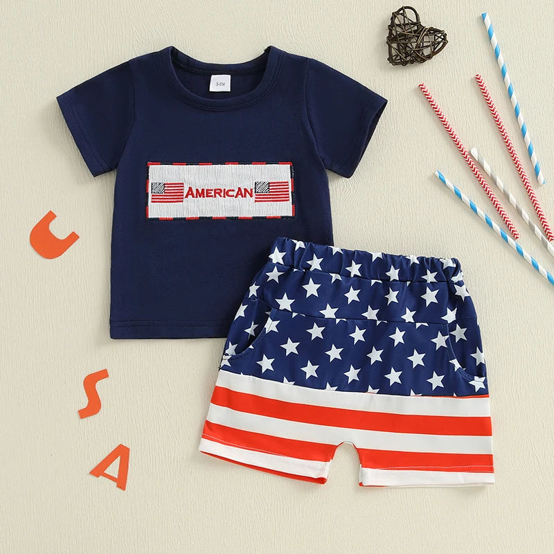 Boy's 2-Piece 4th of July T-Shirts & USA Flag Shorts Sets
