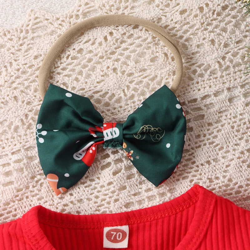 Girl's 2-Piece Christmas Romper Dress & Bow Headband Sets