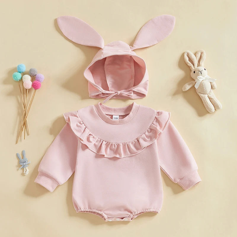 Girl's Ruffled Easter Bunny Tail Onesie & Bunny Ear Hat Sets