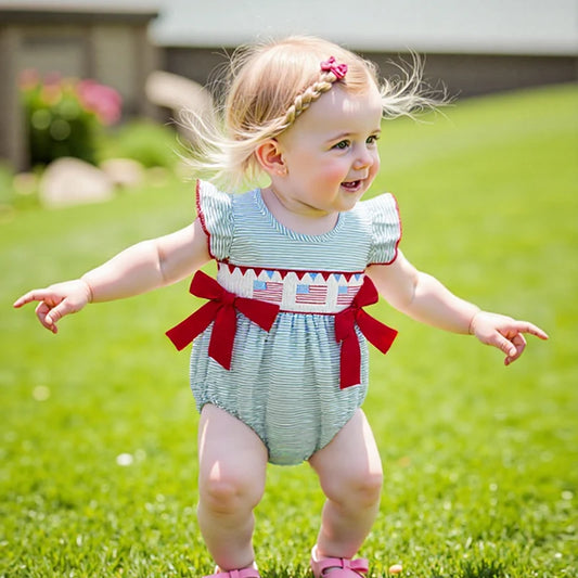 Girl's Embroidered 4th of July Doll Collar Bowed Rompers