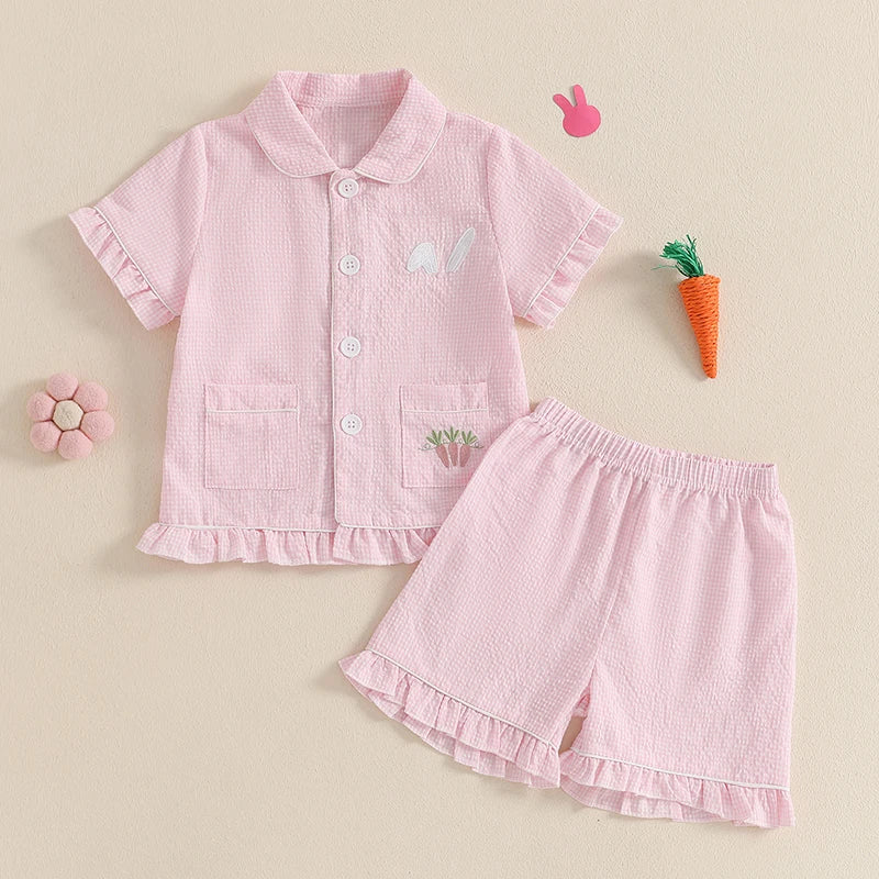 Girl's 2-Piece Plaid Embroidered Easter Bunny & Carrots Ruffled Pajamas