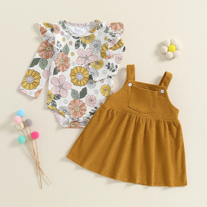 Girl's Floral & Strawberry Print Ruffled Onesie & Bib Overall Dress Sets