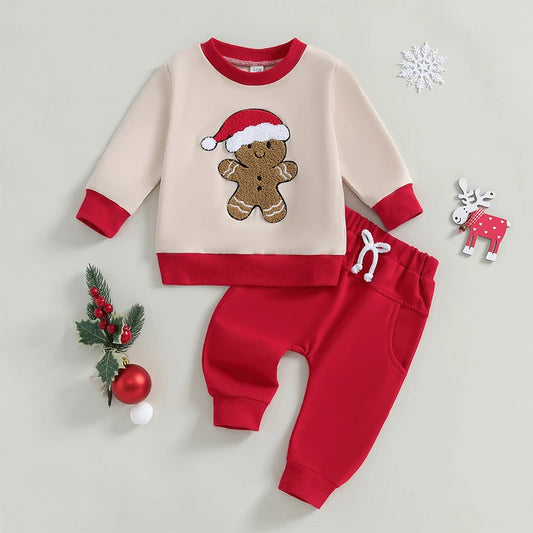 Boy's & Girl's 2-Piece Christmas Embroidered Gingerbread Man Holiday Sweatshirt & Pants Sets