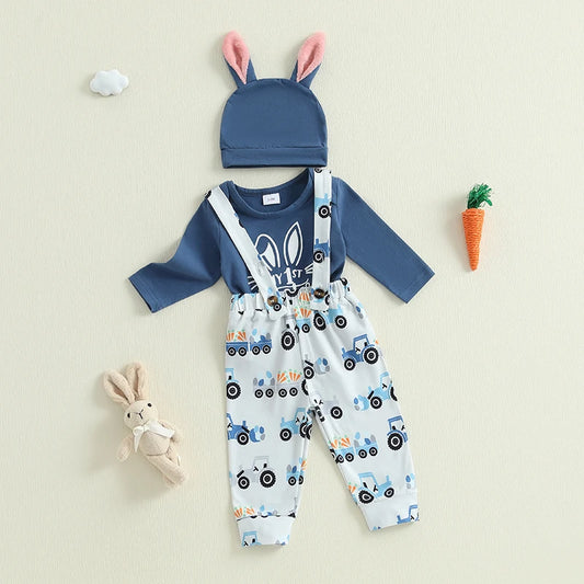 Boy's Easter Romper & Tractor Suspender Pants & Hat Set