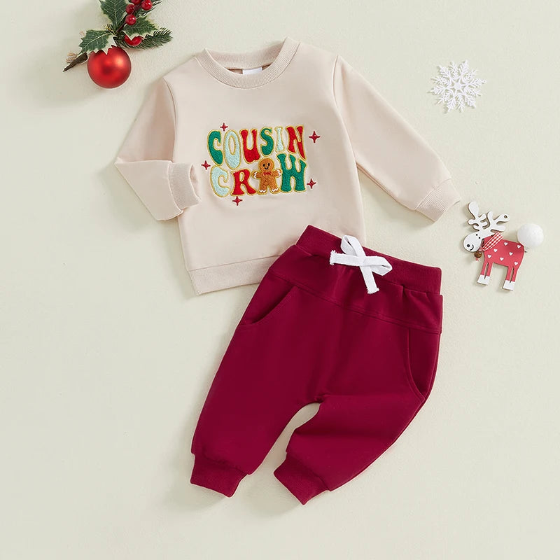 Family Matching! 2-Piece Christmas Boy's & Girl's "Cousin Crew" Embroidered Sweatshirt & Pants Sets
