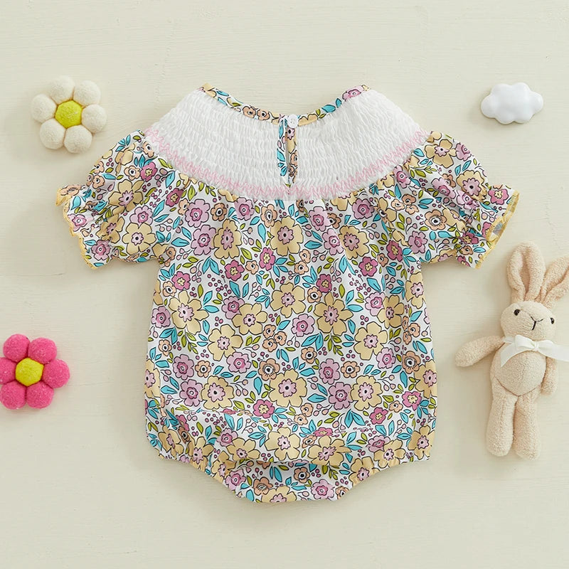 Girl's Smocked Floral Embroidered Easter Bunny Rompers