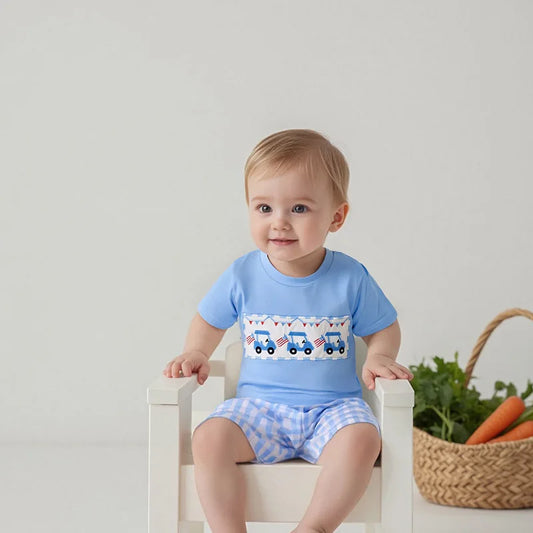 Boy's 2-Piece Embroidered Golf Cart 4th of July T-Shirts & Plaid Shorts Sets