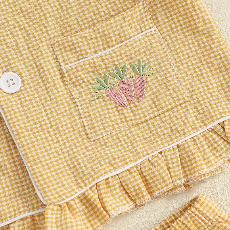 Girl's 2-Piece Plaid Embroidered Easter Bunny & Carrots Ruffled Pajamas