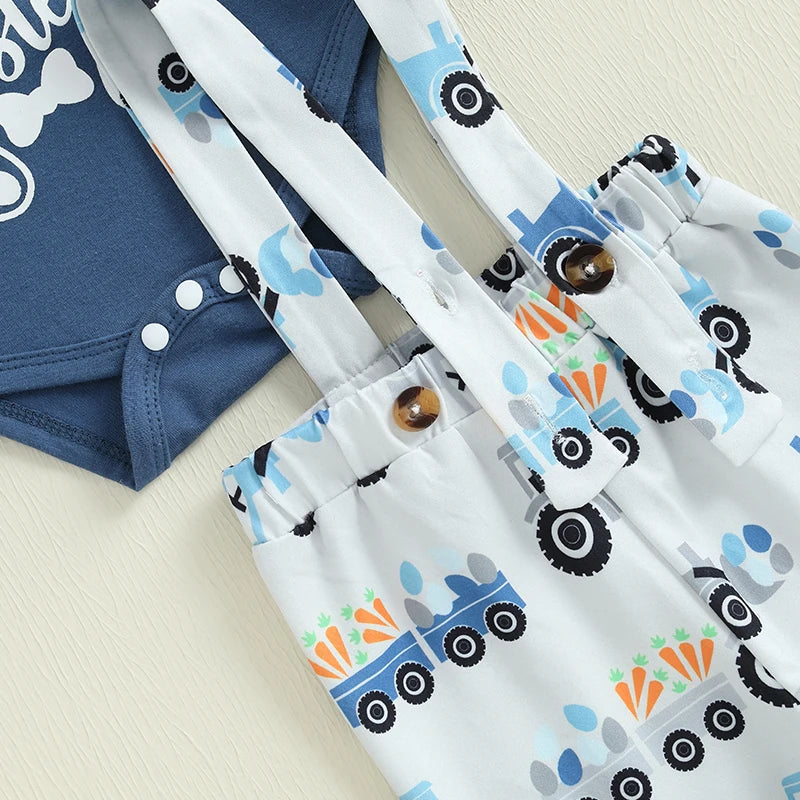 Boy's Easter Romper & Tractor Suspender Pants & Hat Set