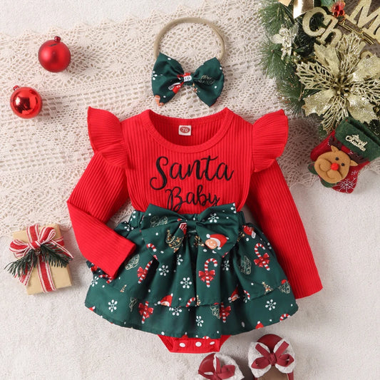 Girl's 2-Piece Christmas Romper Dress & Bow Headband Sets