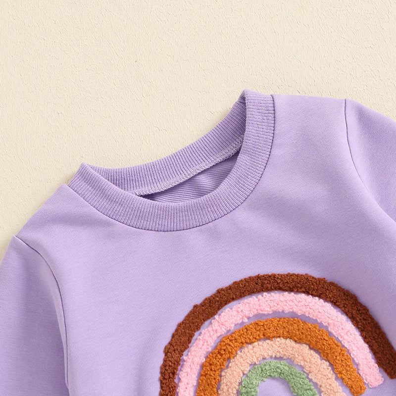 Girl's Embroidered Rainbow Sweatshirt & Pants Sets