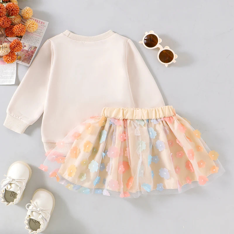 Girl's "Little Sis" & "Big Sis" Embroidered Flower Sweatshirts & Tulle Skirt Sets