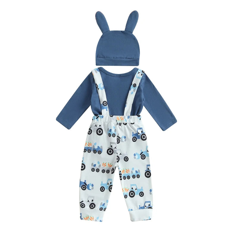 Boy's Easter Romper & Tractor Suspender Pants & Hat Set