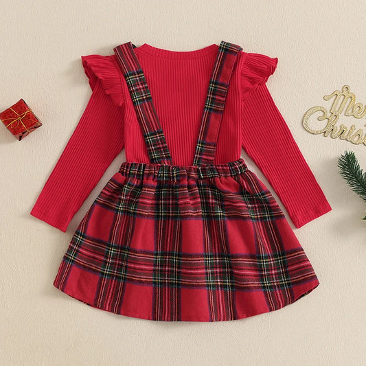 Girl's 2-Piece Christmas Ruffled Tops & Plaid Overall Dress Sets