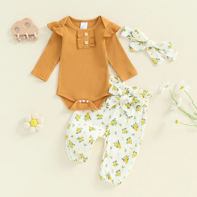 Girl's Floral or Strawberry Print Onesies, Pants & Bow Headband Sets