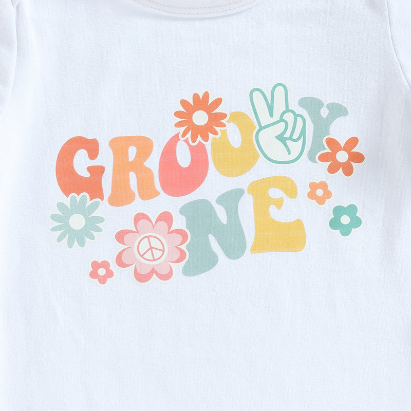 Girl's Floral "Groovie One" Onesie, Flared Pants & Bow Headband Sets