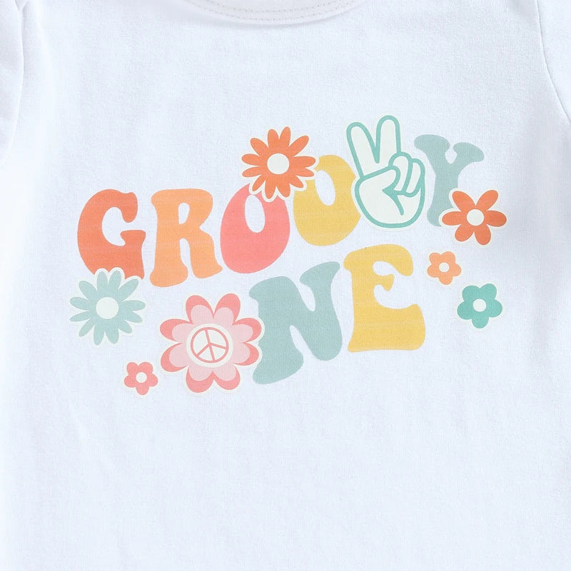 Girl's Floral "Groovie One" Onesie, Flared Pants & Bow Headband Sets