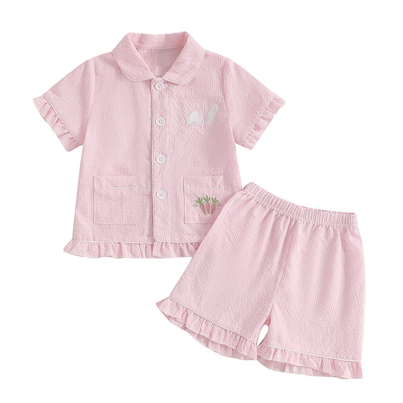 Girl's 2-Piece Plaid Embroidered Easter Bunny & Carrots Ruffled Pajamas