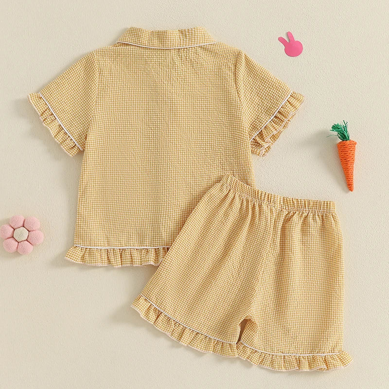 Girl's 2-Piece Plaid Embroidered Easter Bunny & Carrots Ruffled Pajamas