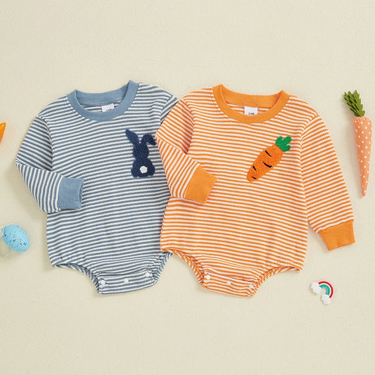 Boy's Embroidered Easter Bunny & Carrot Striped Onesies