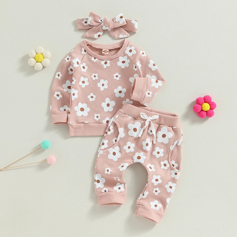 Girl’s 2-Piece Flower Sweatshirt, Pants& Bow Headband Sets