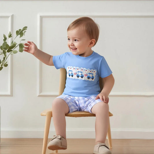 Boy's 2-Piece Embroidered Golf Cart 4th of July T-Shirts & Plaid Shorts Sets
