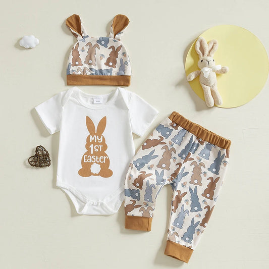 Girl's & Boy's Easter Bunny Romper Pants Hat & Rabbit Ears Set