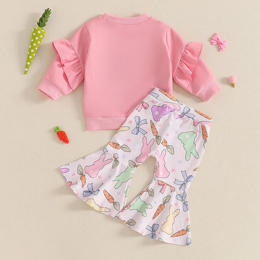 Girl's Easter & Bunny Embroidered Sweatshirt & Bow Flare Pants Sets