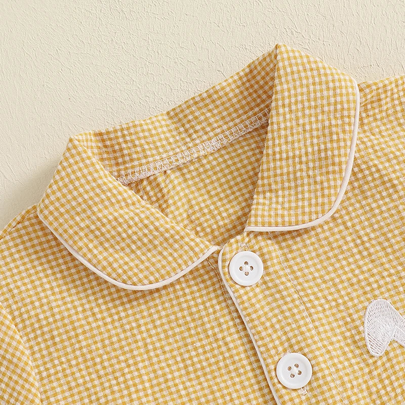 Girl's 2-Piece Plaid Embroidered Easter Bunny & Carrots Ruffled Pajamas
