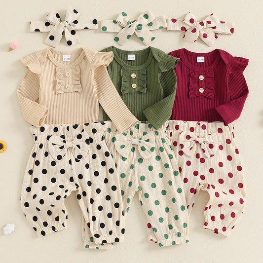 Girl's Onesie, Polka Dot Pants & Bow Headband Sets