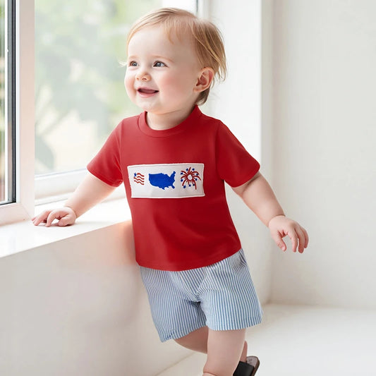 Boy's 2-Piece Embroidered 4th of July T-Shirts & Striped Shorts Sets