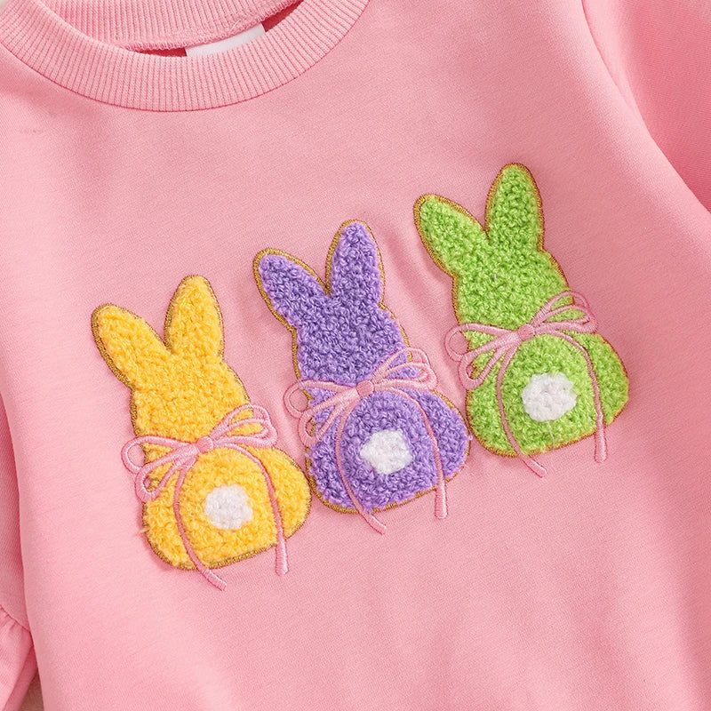 Girl's Easter & Bunny Embroidered Sweatshirt & Bow Flare Pants Sets