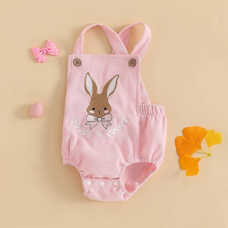 Girl's & Boy's Embroidered Sleeveless Easter Bunny Overall Rompers