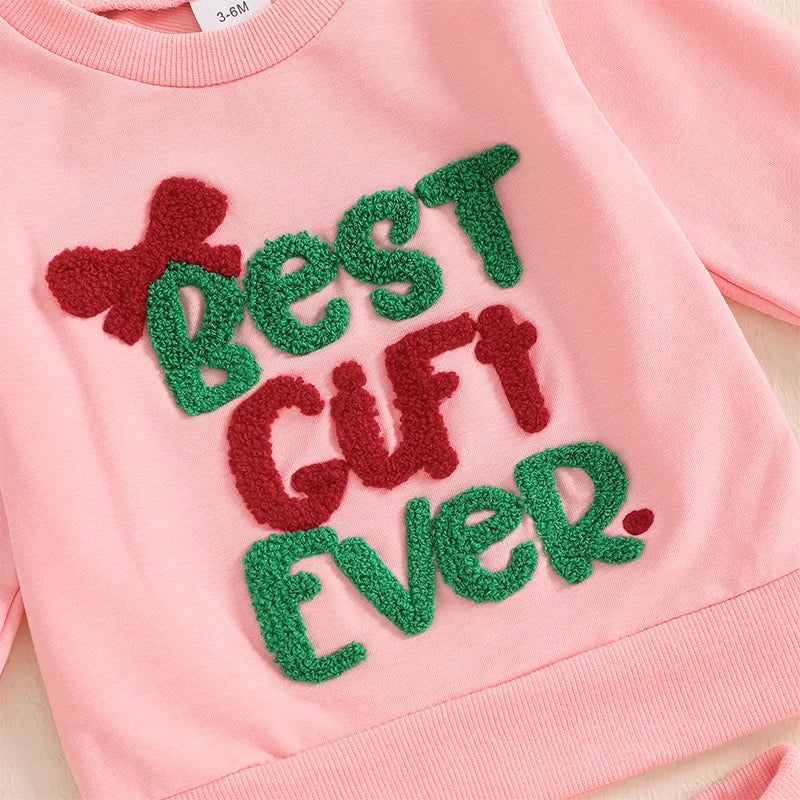 Girl's 2-Piece Christmas Embroidered "Best Gift Ever" Sweatshirt & Pants Sets