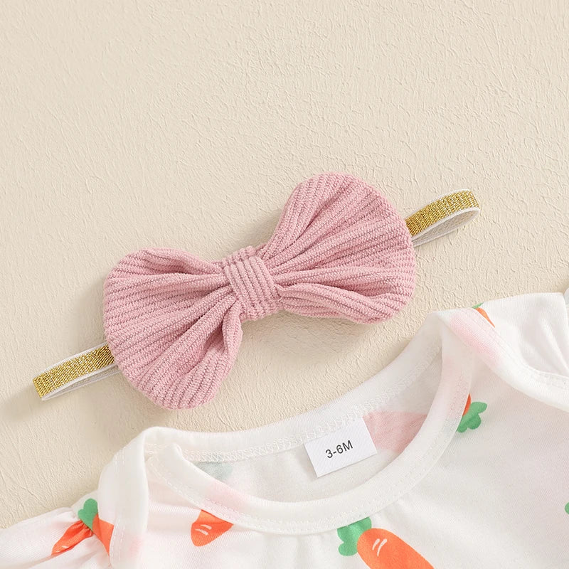 Girl's Easter Skirt Carrot Bunny Romper Carrot Embroidered Suspender Skirt & Headband Set