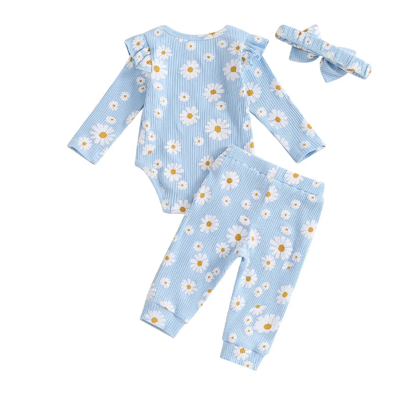 Girl's Floral Onesie, Pants & Bow Headband Sets