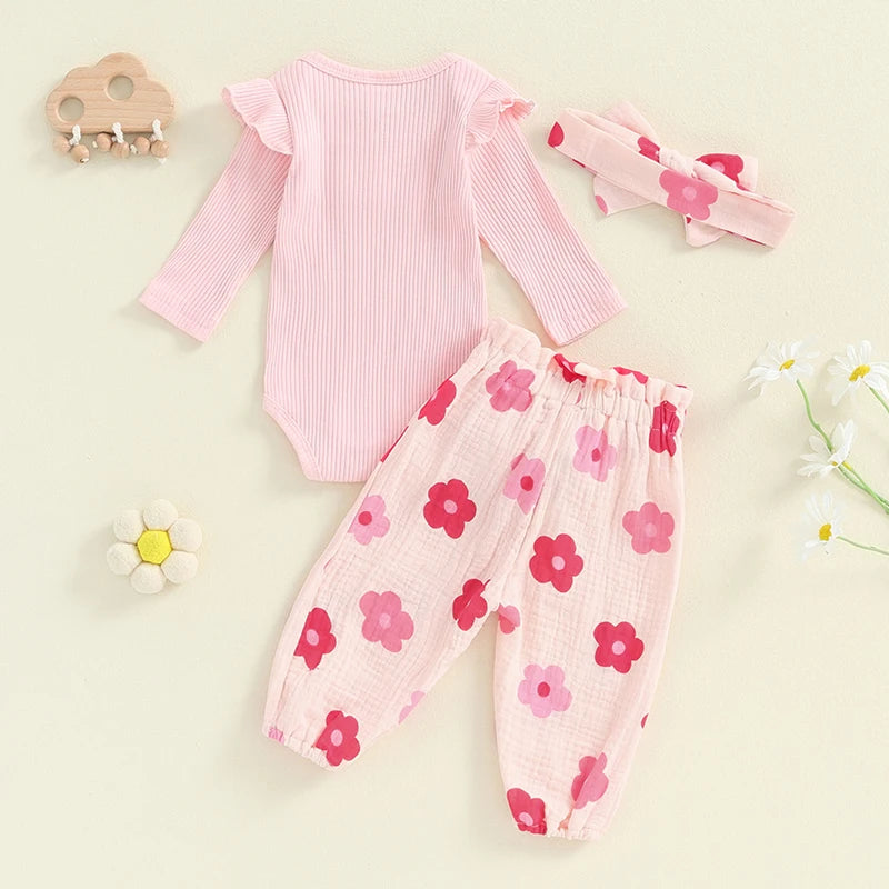 Girl's Floral or Strawberry Print Onesies, Pants & Bow Headband Sets