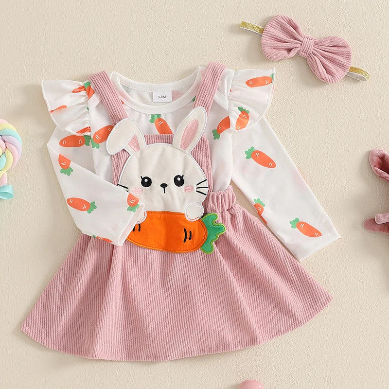 Girl's Easter Skirt Carrot Bunny Romper Carrot Embroidered Suspender Skirt & Headband Set