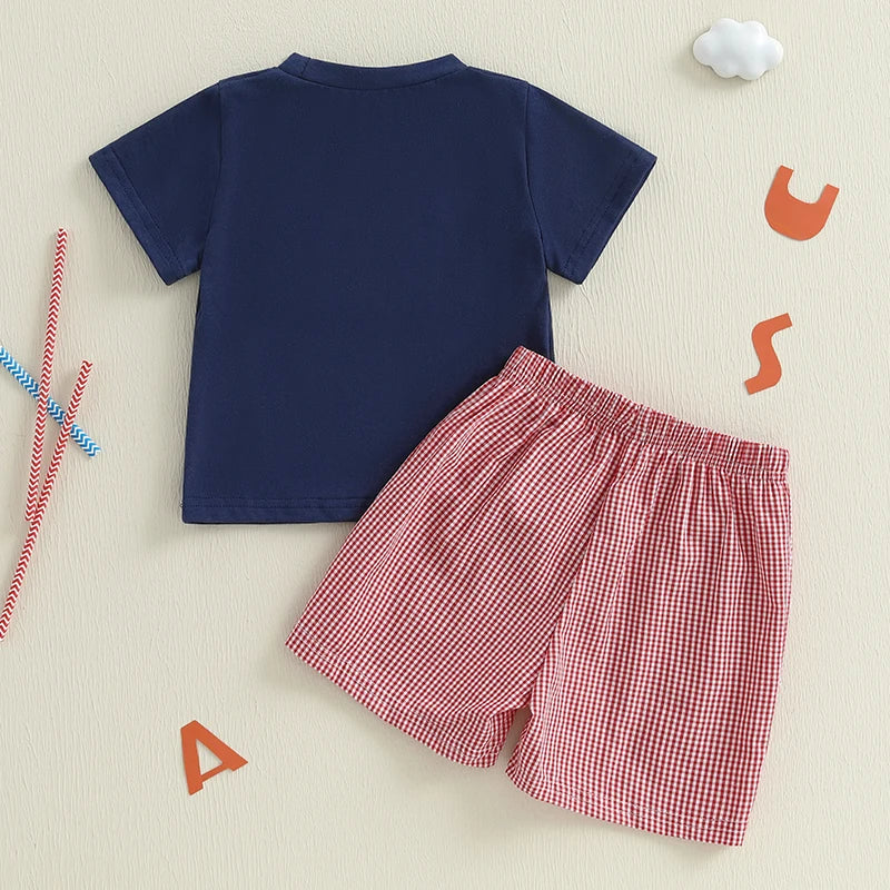 Boy's 2-Piece 4th of July Embroidered Flag T-Shirts & Plaid Shorts Sets