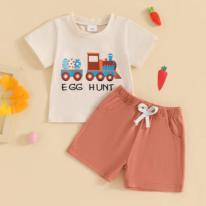 Boy's Easter Eggs/Bunny/Carrot/Tractor T-Shirt & Shorts Sets
