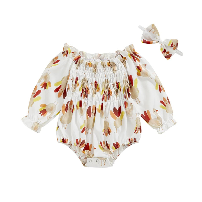 Thanksgiving ! Girl's Turkey Romper & Bow Headband Sets