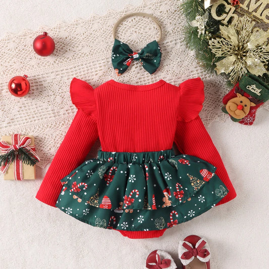Girl's 2-Piece Christmas Romper Dress & Bow Headband Sets