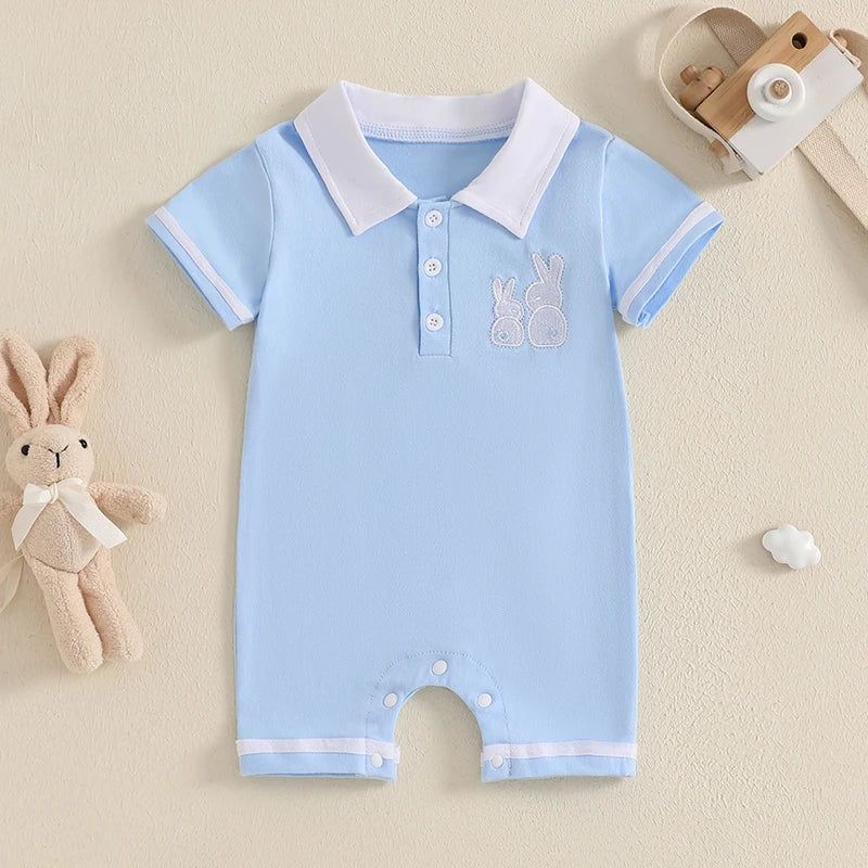 Boy's Easter Bunny Embroidered Jumpsuits with Turn-Down Collar