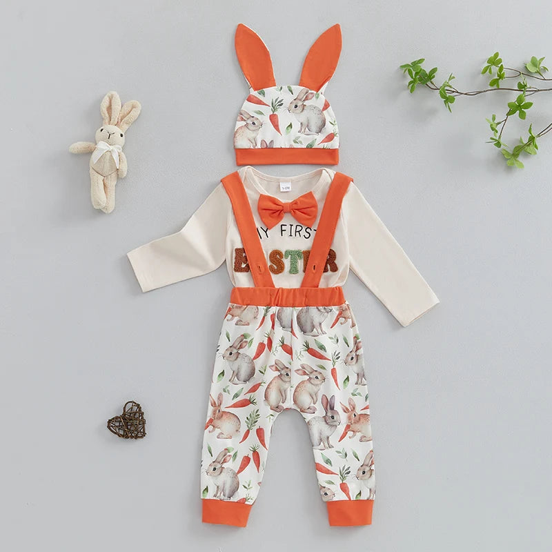 Boy's Embroidered "My First Easter" Bunny Bowtie Onesies, Suspender Pants & Hat Sets
