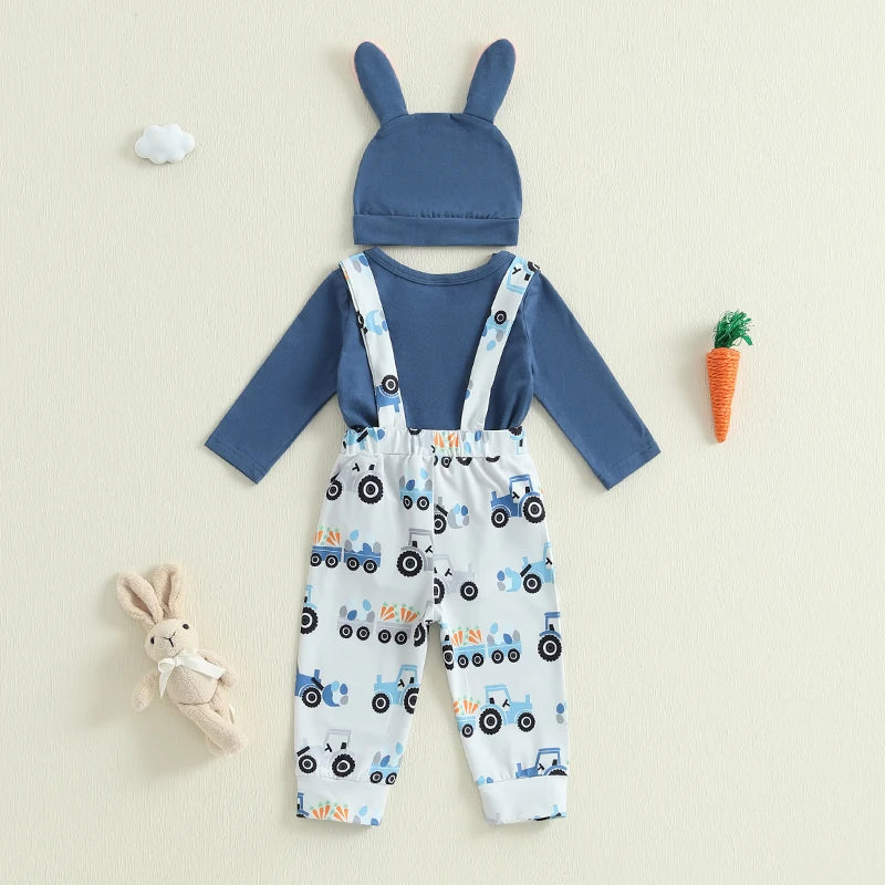 Boy's Easter Romper & Tractor Suspender Pants & Hat Set