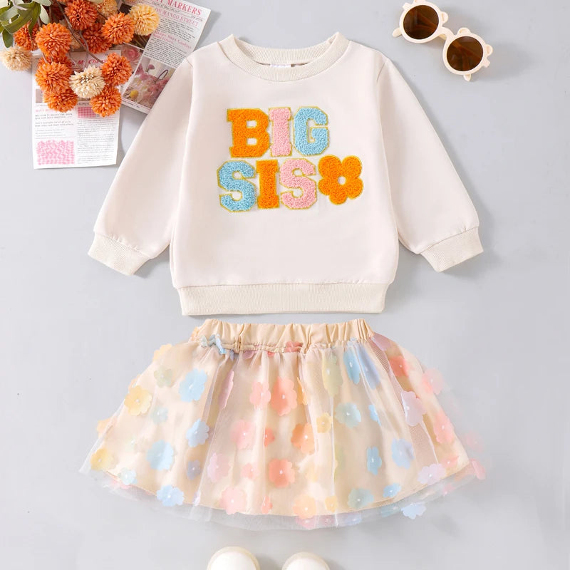Girl's "Little Sis" & "Big Sis" Embroidered Flower Sweatshirts & Tulle Skirt Sets
