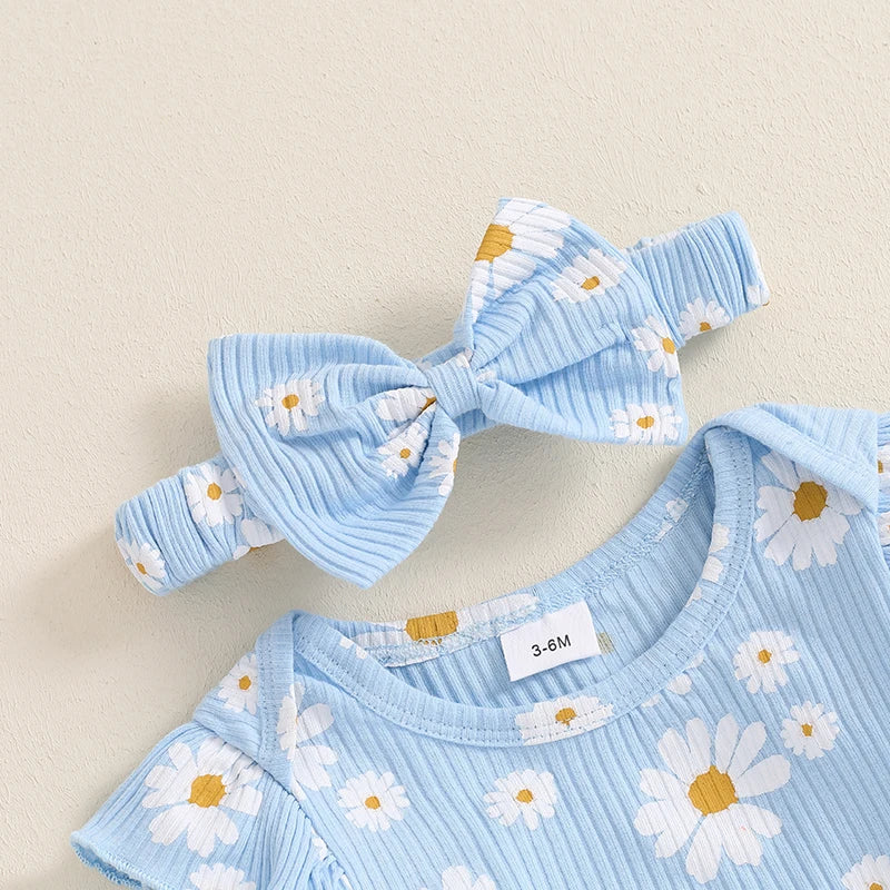 Girl's Floral Onesie, Pants & Bow Headband Sets