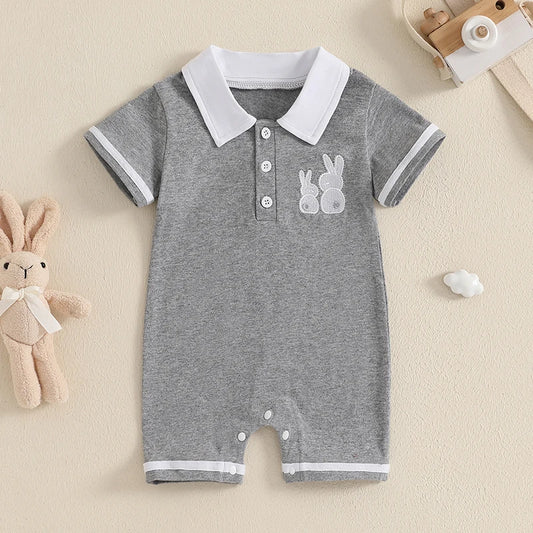 Boy's Easter Bunny Embroidered Jumpsuits with Turn-Down Collar