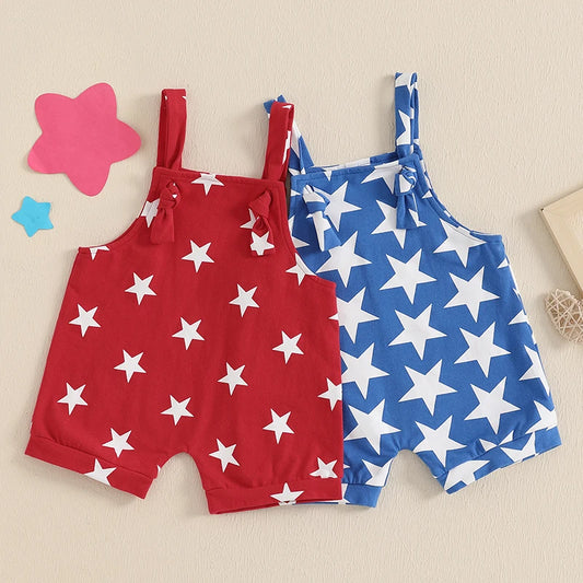 Girl's Star Print 4th of July Overall Rompers