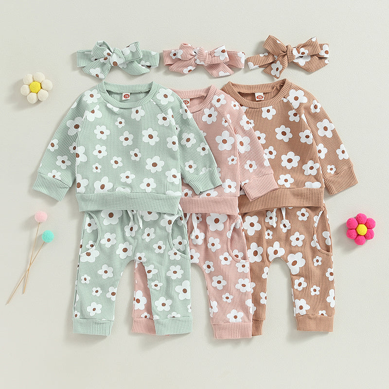 Girl’s 2-Piece Flower Sweatshirt, Pants& Bow Headband Sets